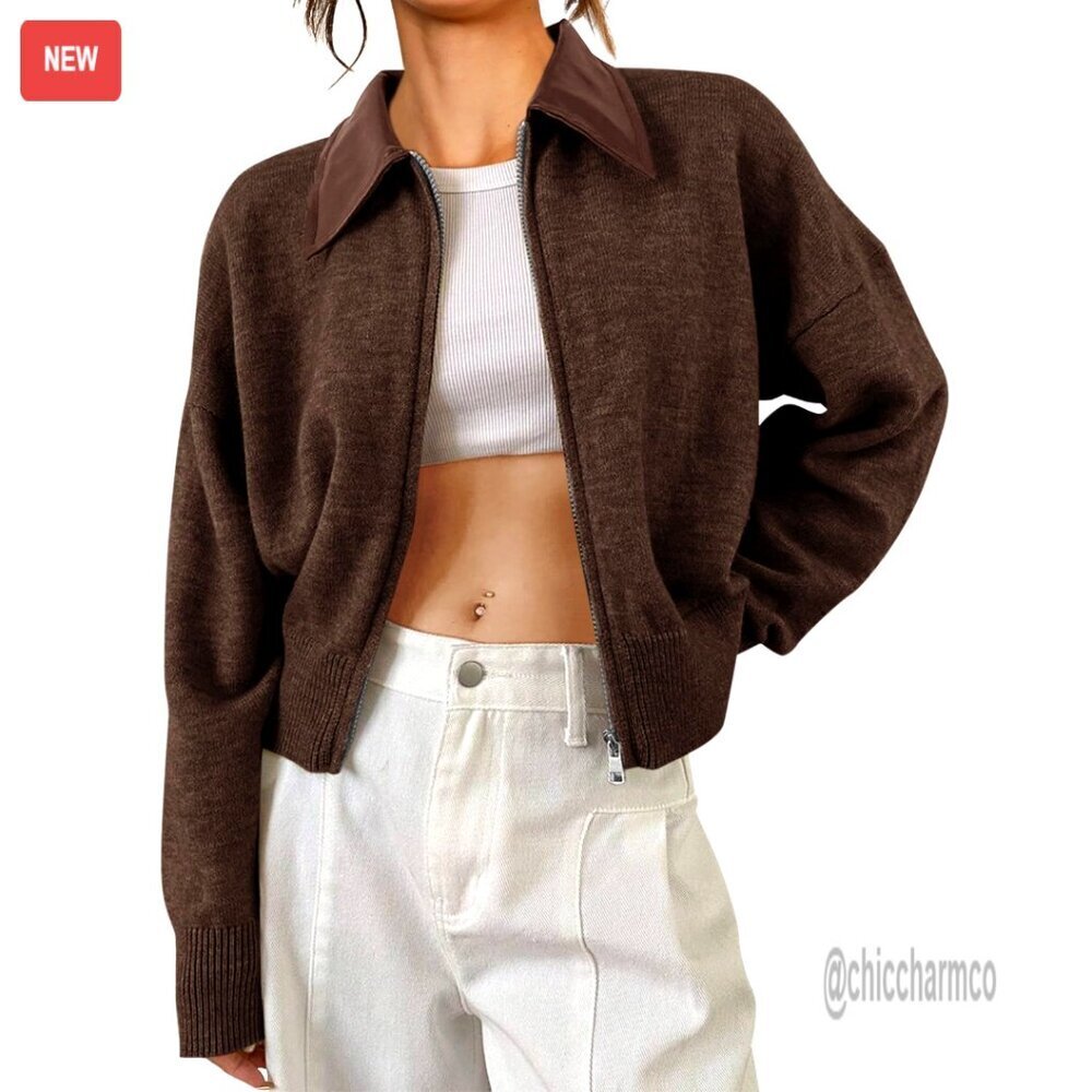 Cropped Zip Up Barn Jacket Faux Leather Collar Open Front Long Sleeve Cardigan